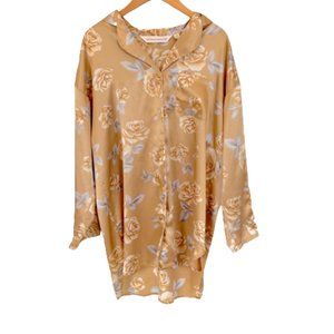 Victoria's Secret Gold Satin Floral Roses Oversized Nightgown Button Down Top